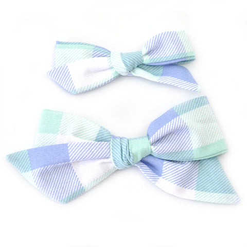 Mint & Periwinkle Plaid Evy Bow, Newborn Headband or Clip