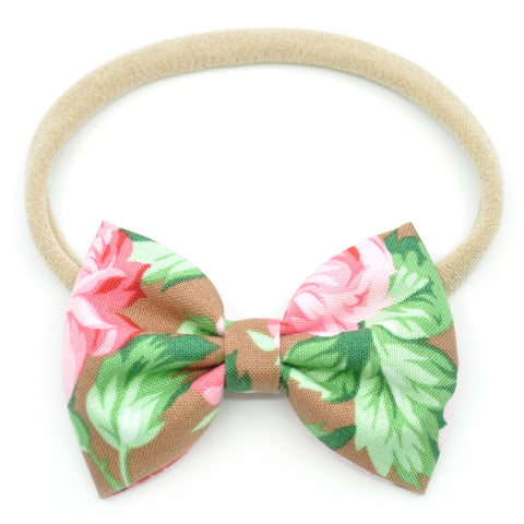 Large Pink Roses on Hazelnut Belle Bow, Tuxedo Bow