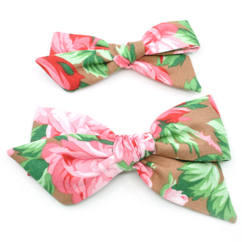 Large Pink Roses on Hazelnut Evy Bow, Newborn Headband