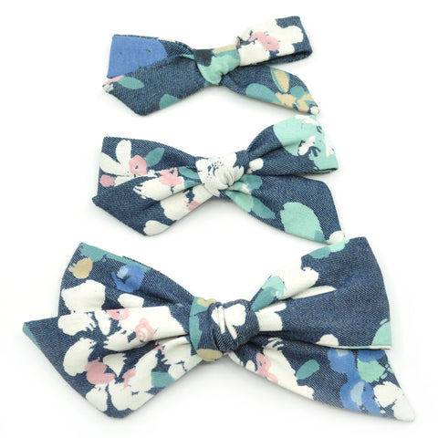 Denim Blue Floral Evy Bow, Newborn Headband