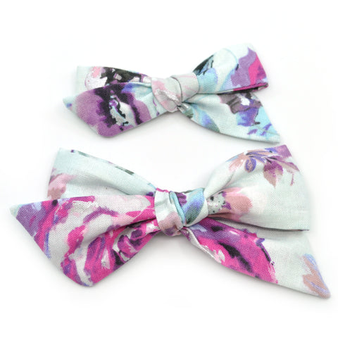 Ice Blue & Purple Floral Evy Bow, Newborn Headband