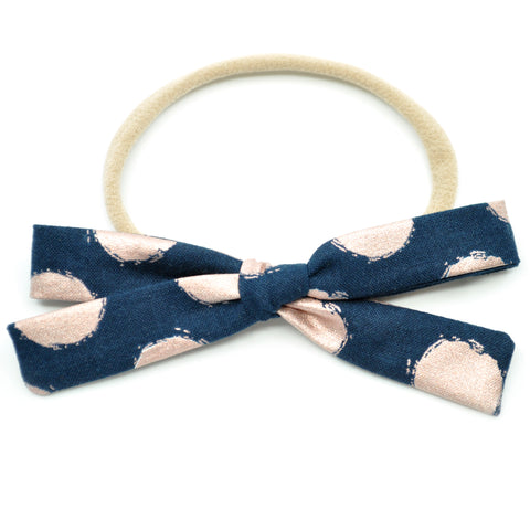 Navy & Metallic Rose Gold Polka Dot Leni Bow, Headband or Clip