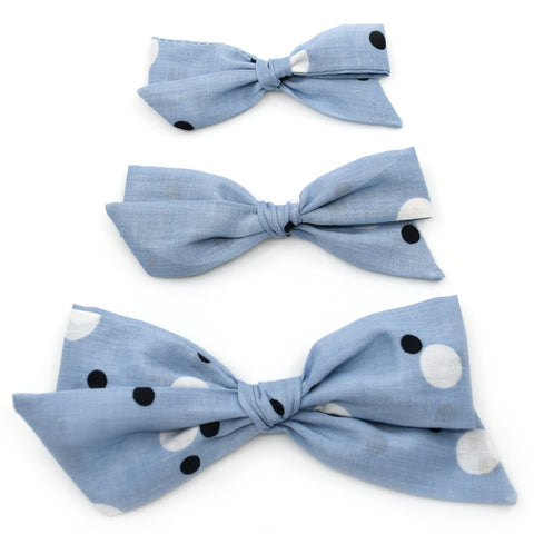 Sky Blue Polka Dot Evy Bow, Newborn Headband or Clip