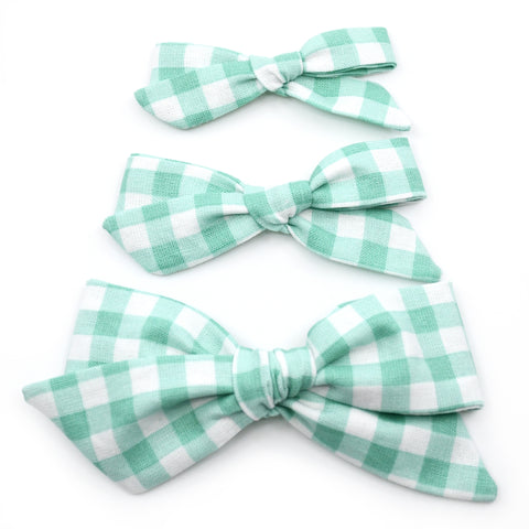 Mint Gingham Evy Bow, Newborn Headband or Clip
