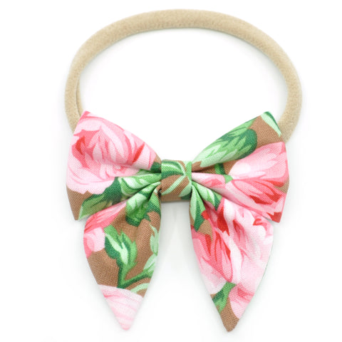 Large Pink Roses on Hazelnut Elle Bow, Toddler Hairclip